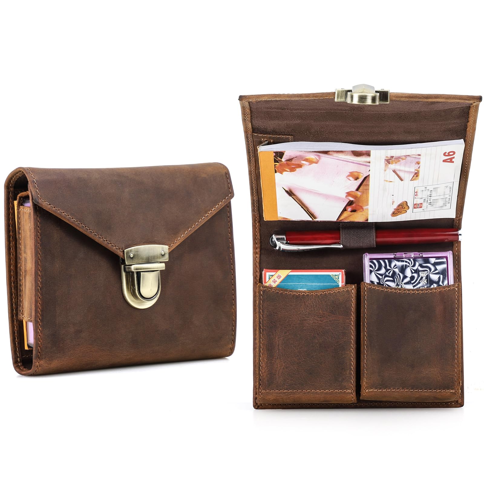 CONTACTS Genuine Leather Playing Card Case with Pen and Notepad Holder for Outdoor Travel 2 Deck Card Box Brown Card Game Organizer for 2 Decks