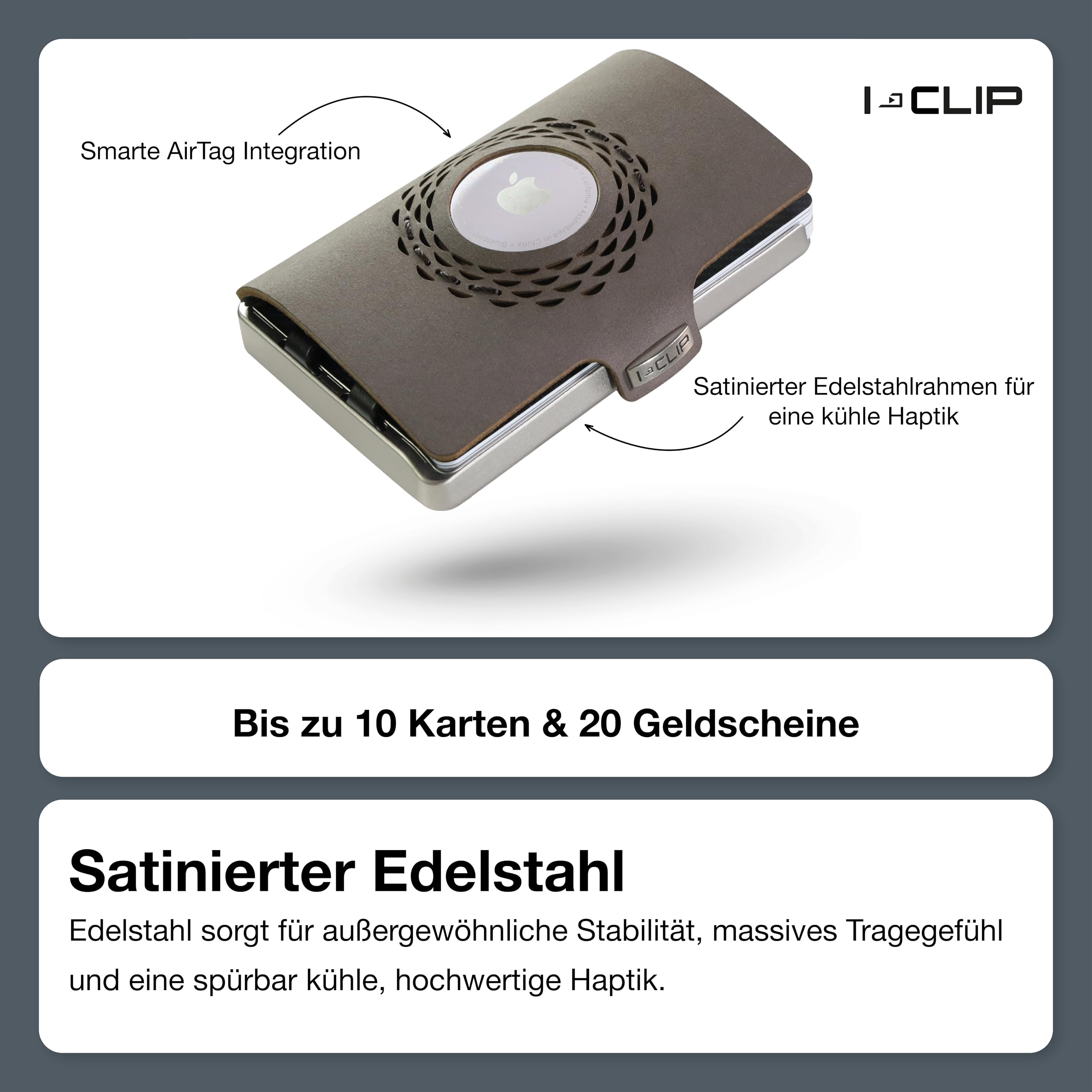 I-CLIP Edelstahl für Apple AirTag mit austauschbarer Geldklammer - Portemonnaie - Slim Wallet - Geldbörse kompatibel für Apple AirTag - Stahl satiniert Urban Grau