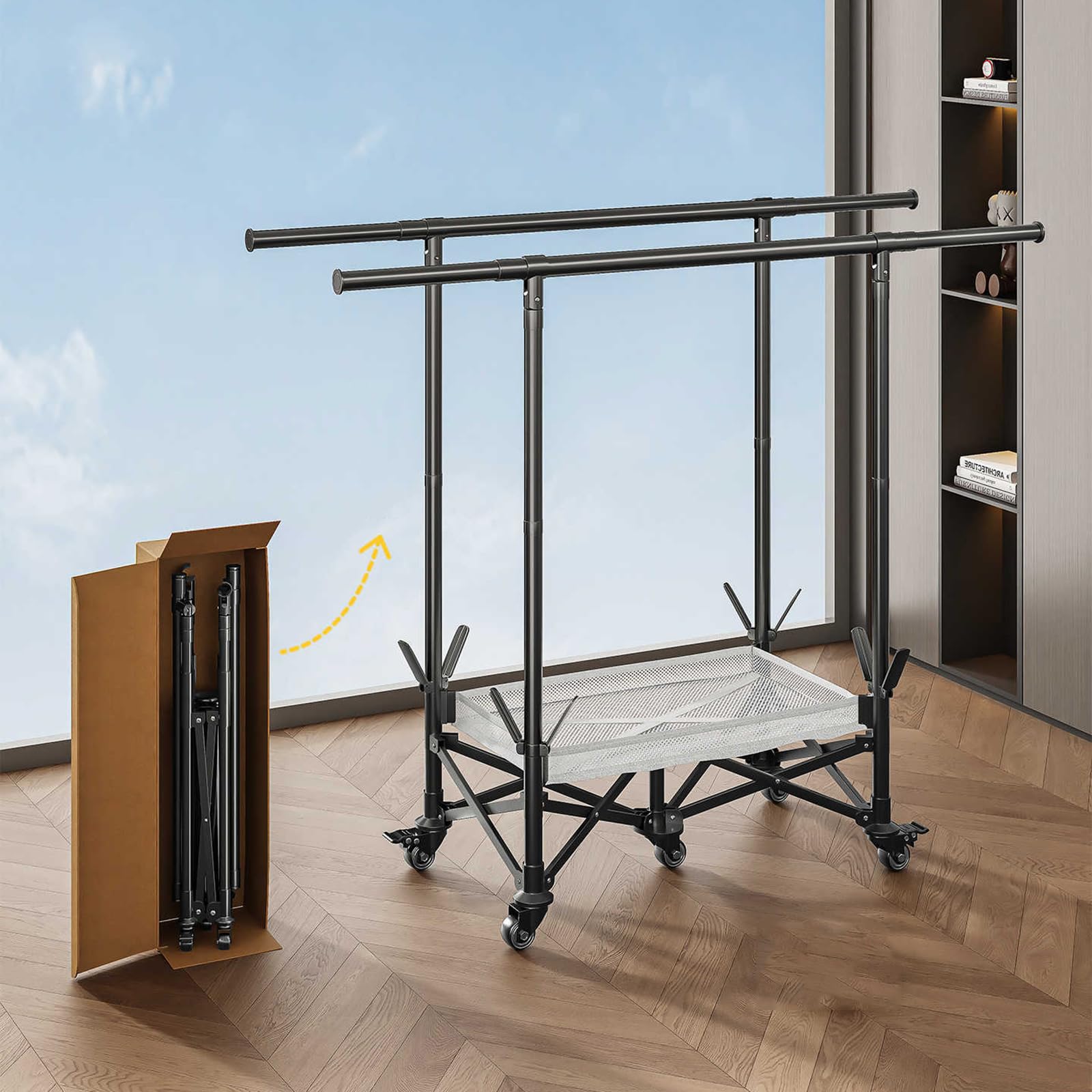 Portant à vêtements roulant pliable double tringle en acier et étagère