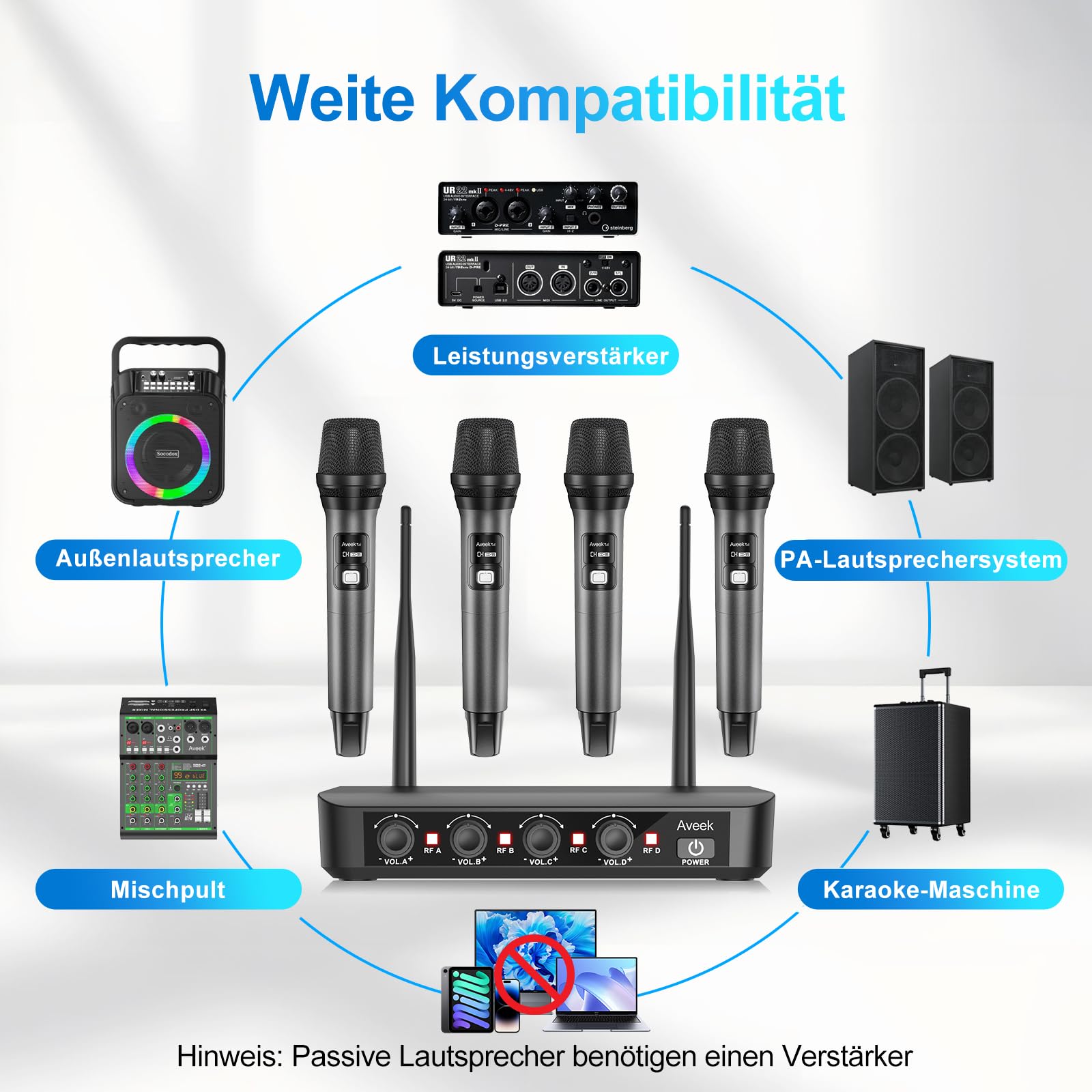 Aveek Kabelloses Mikrofonsystem mit 4er-Pack dynamischen Handmikrofonen, 79,9 m lange Reichweite, 40 Stunden Akku, Studio-Sound mit niedriger Latenz für Karaoke, Gesang, Rede, Kirche, Bühne, Hochzeit