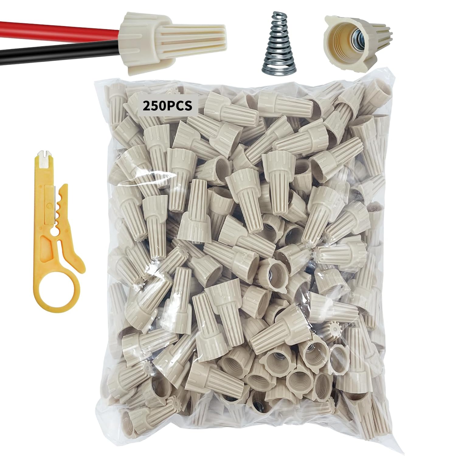 Wire Nuts Connectors, 250PCS Twist Tan Wire Nuts 12 Gauge Winged Wire Connectors, 22-8 AWG Twist-on Wire Splice Connectors Wire Caps for Quick Connect Electrical Wiring, Heavy Duty Screw Terminals