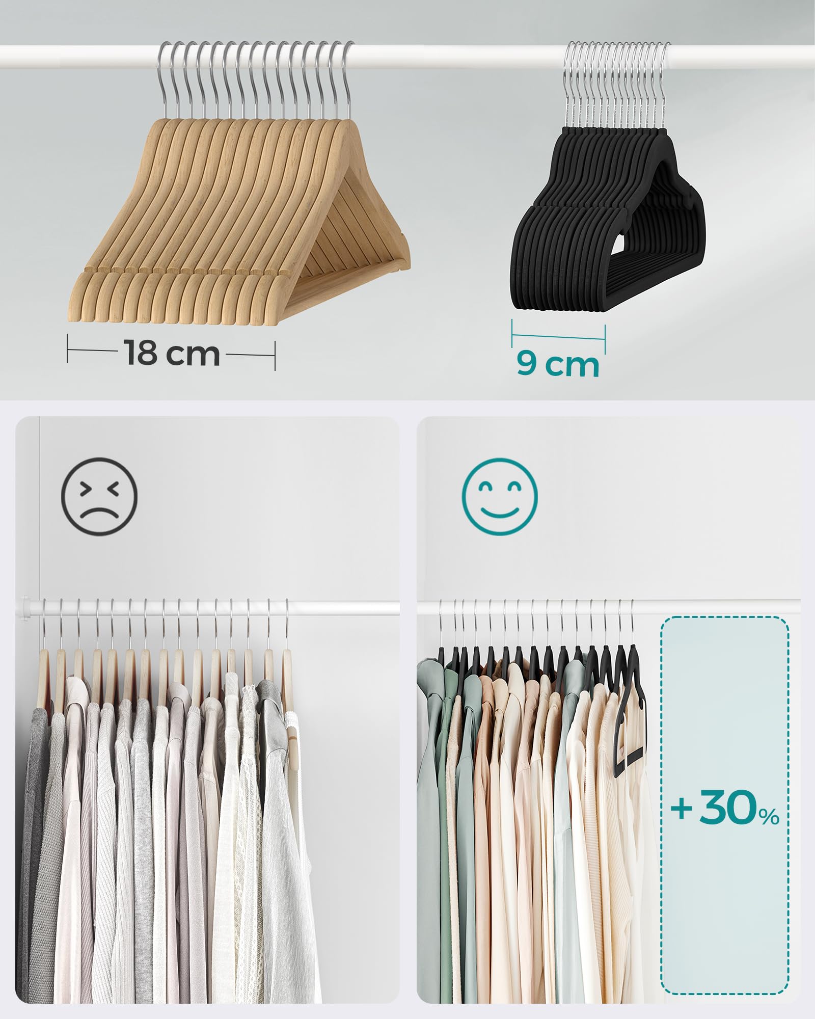 SONGMICS Fluwelen hangers, pak 50 kleerhangers voor kleding, antislip