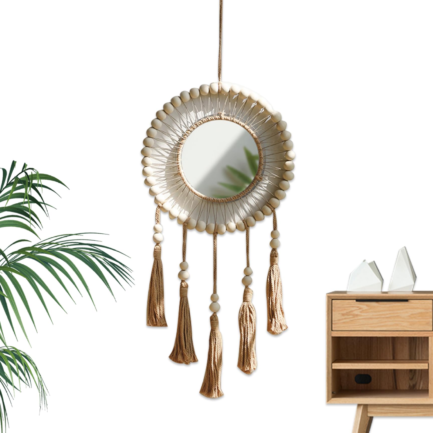 Décoration murale en macramé miroir corde de coton ronde avec pompons
