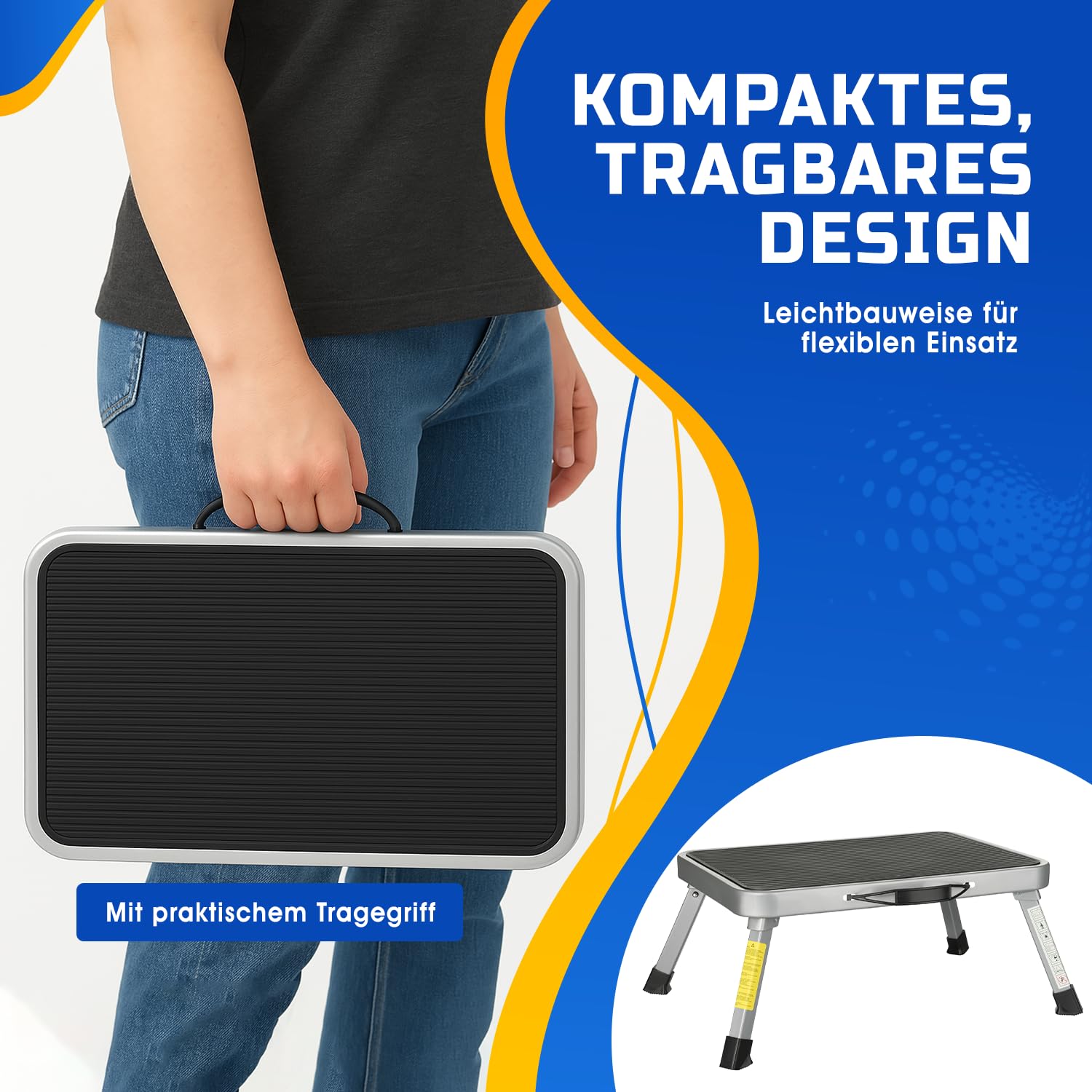 Pedana pieghevole per roulotte – Sgabello in acciaio fino a 150 kg – Pedana pieghevole antiscivolo da campeggio con piedini in gomma – Scaletta per camper, caravan, cucina – Certificazione EN14183