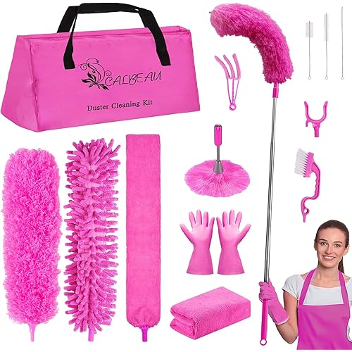 Microfiber Dusters for Cleaning, Feather Dusters with Extension Pole, Bendable & Washable Dusters for High Ceiling Fan, Blinds, Cars, Furniture, Cleaning Tools Kit Pink Gift for Women (15 PCS)