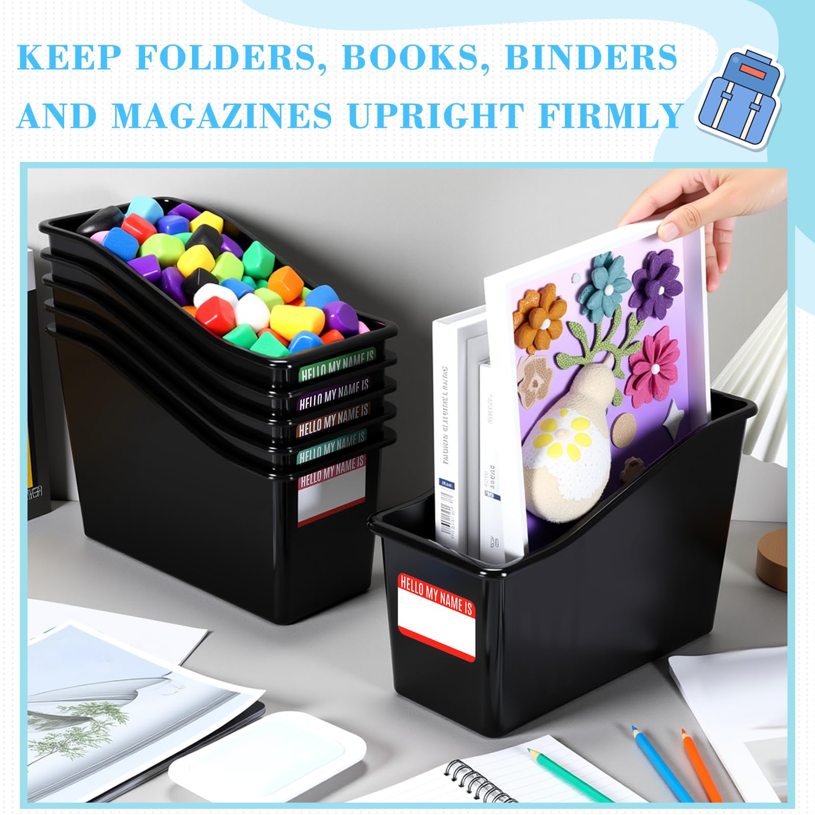 Fuutreo 12 contenitori per libri con etichette, impilabili, in plastica, per scuola, ufficio, biblioteca, organizzazione, contenitori, forniture