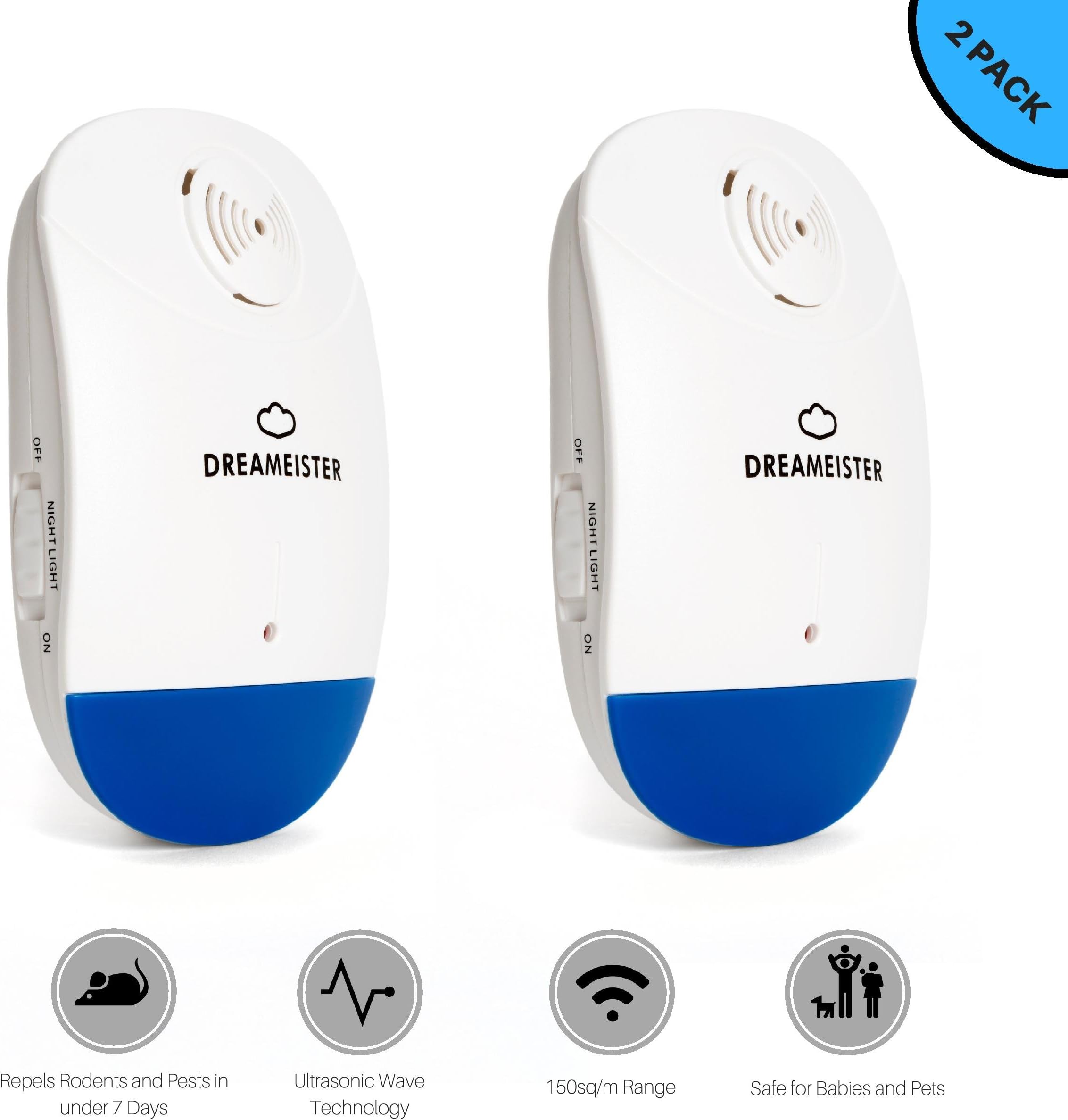 Ultrasonic Pest Repeller for 24/7 Rodent and Insect Control - *Upgraded 2018 Premium Model Now Works FASTER Then Before!* - 2 Pack Electronic 4-in-1 Plug-in Repellent with Nightlight And Enhanced Ultrasonic Technology Repels Mice, Rats, Cockroaches, Ants, Spiders, Mosquitoes and All Indoor Bugs - Safe for Children and Household Pets. Effective Mouse and Pest Deterrent. DREAMEISTER - The Premium Sonic Solution To Your Pest Problems