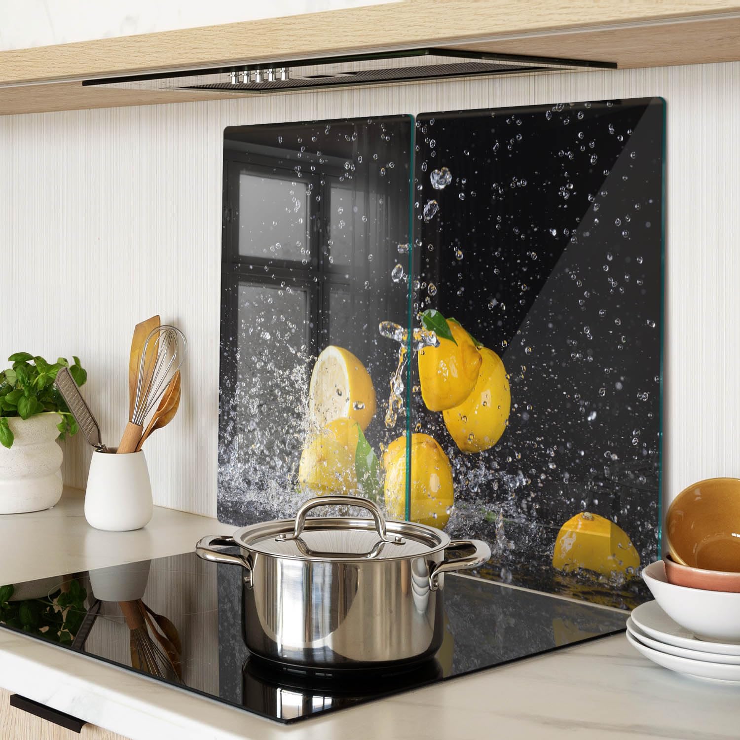 Tabla para Cortar de Cristal 2x30x52 cm Fina Decorativa Patas de Silicona para Encimera de Cocina Higienicas de Vidrio Templado Resistente Placa de Corte 2 Unidades - Limones y agua