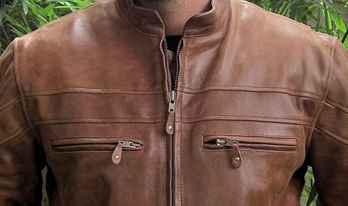 Vista 3 de Chaqueta de moto retro marrón Buffalo Hide Cafe Racer para hombre