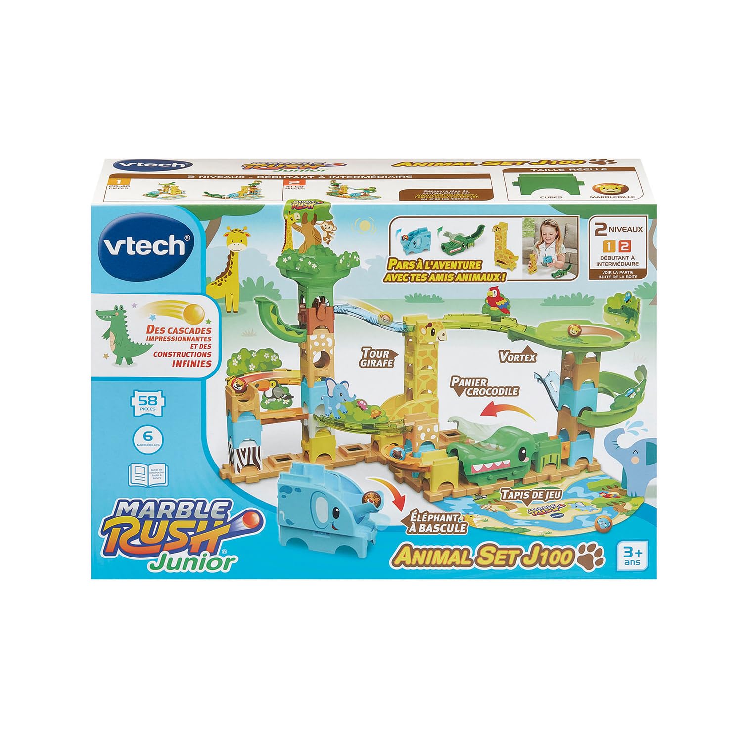 VTech - Marble Rush Junior Animal Set J100 - Circuit à Billes Enfant, 58 Pièces et 6 Billes - Jeu de Construction, Jouet Animaux de la Savane - Cadeau Enfant Dès 3 Ans - Contenu en Français
