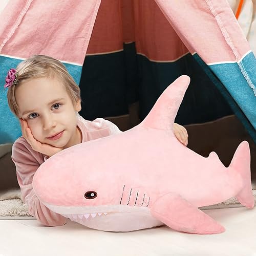 Miniatura 2 de MorisMos Almohada de tiburón gigante de peluche, tiburón bebé, juguete de tiburón, animal de peluche de tiburón grande, rosa, 32 pulgadas