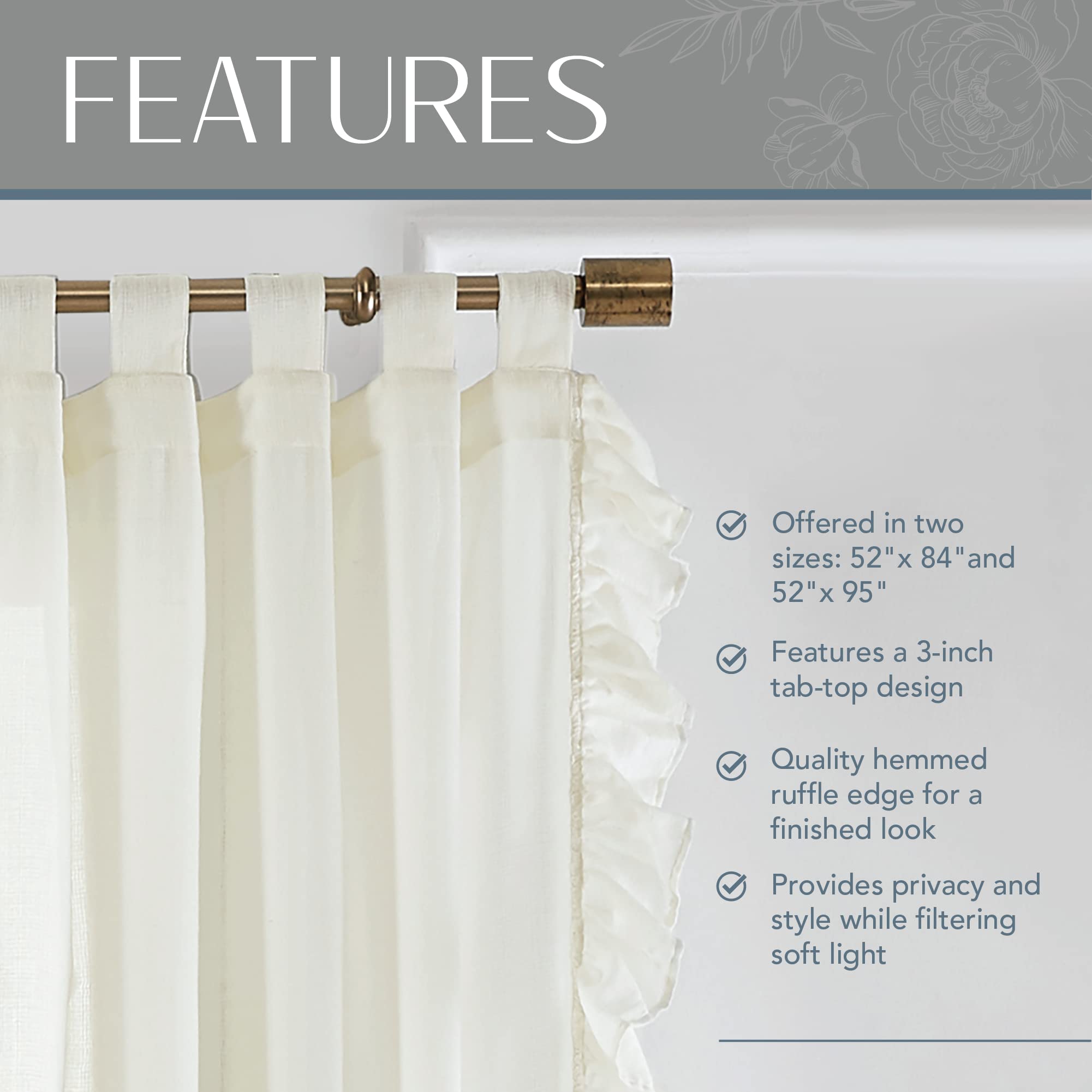 Elrene Tab-Top Ruffle Sheer Window Curtain Living, Dining Room, Bedroom, Cotton, Ivory, 52 in x 84 in (1 Panel) - Image 3