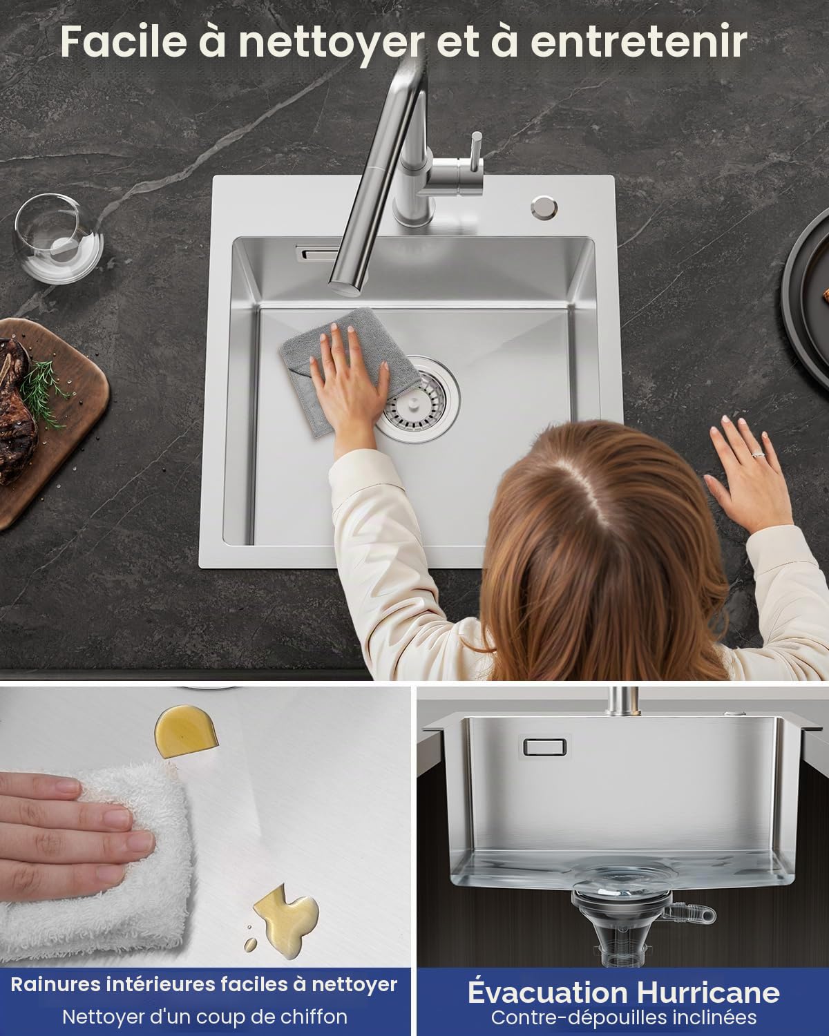 Évier de Cuisine, 45 x 45 cm, Rectangulaire, en Acier Inoxydable 304, avec Siphon, Lavabo de Cuisine, pour Armoires Inférieures à Partir de 45 cm de Large, 1 Evier Encastrable en Acier