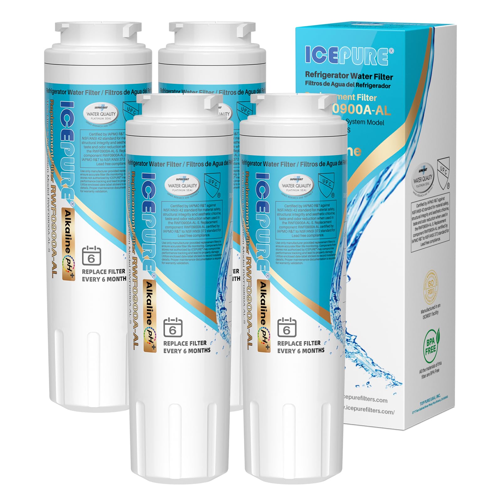 ICEPURE Alkaline UKF8001 Refrigerator Water Filter Replacement for Whirlpool EDR4RXD1, EveryDrop Filter 4, Maytag UKF8001, 4396395, UKF8001P, UKF8001AXX, RFC0900A, UKF8001AXX-200, Enhances PH, 4 Pack