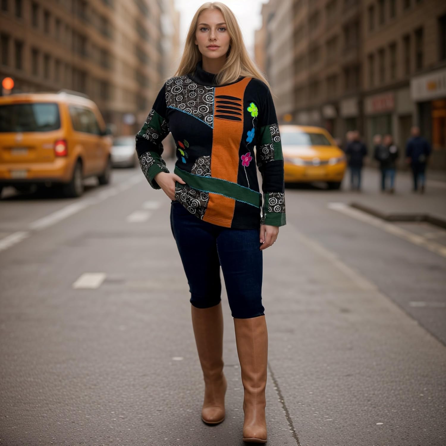 Agan Traders 2025 Winter Rib Knit Cotton Bohemian Tops for Women - Funky Patch Retro Hand Embroidered Blouse T-Shirts - Image 4