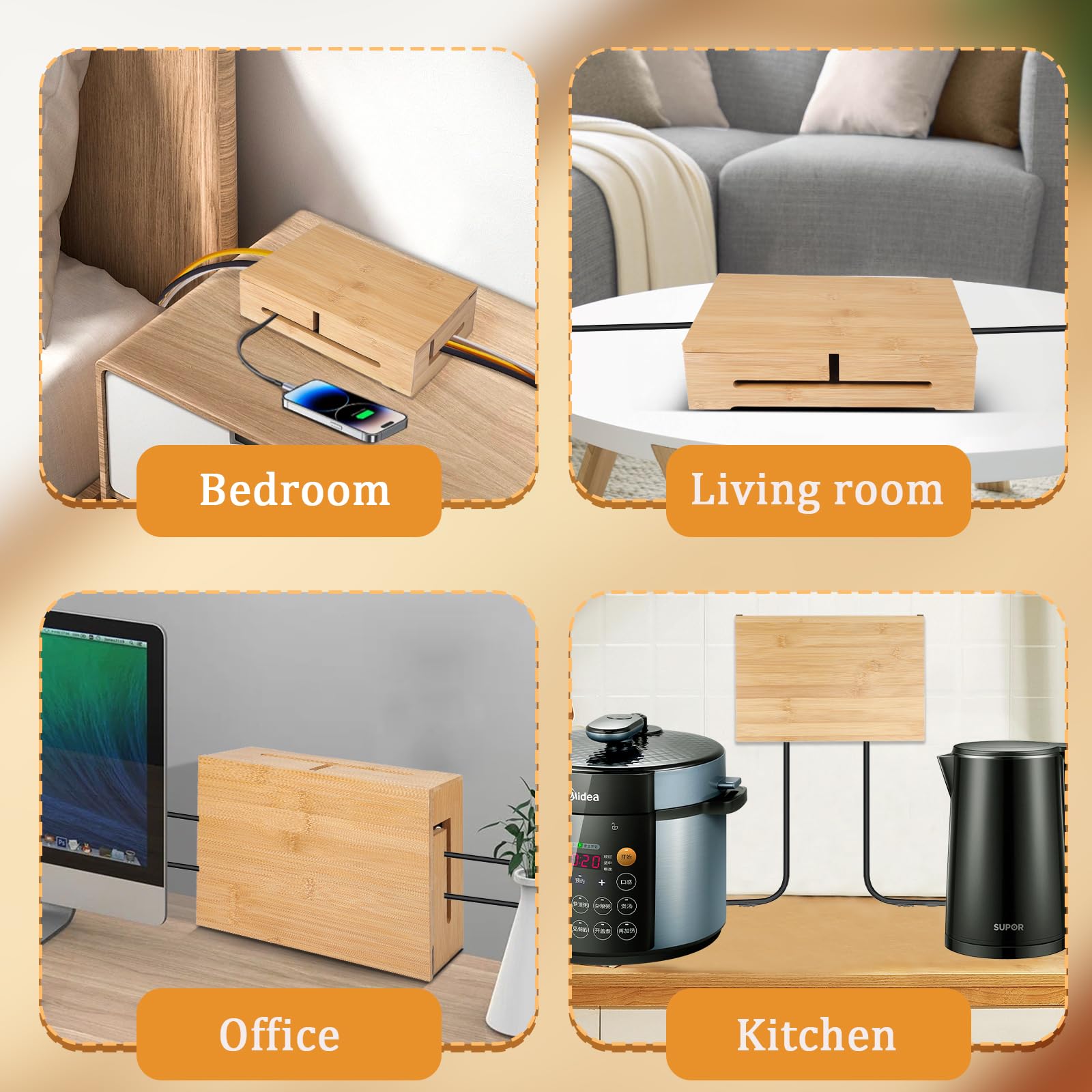 DBREAKS 2X Kabelmanagement Box, Kabelbox Holz, Kabel Organizer Box, Bambus | Wandmontierbare Kabelbox mit magnetischem Bambus-& Kabelbindern & Kabelschlauch, Kabelkasten für Schreibtisch Cable Organizer