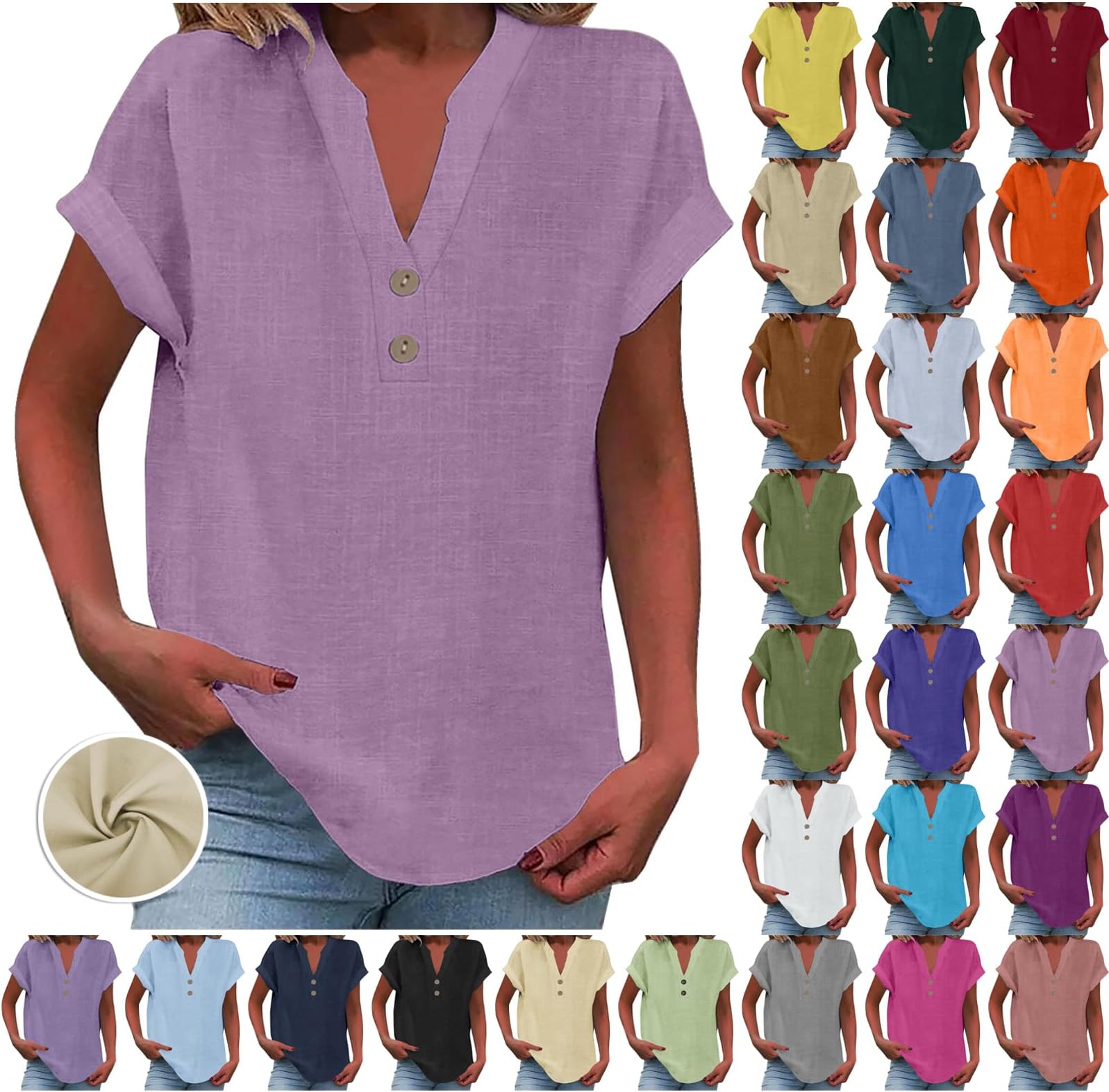 Ladies Tops 2025 Women's Summer Cotton Linen Cap Sleeve T-Shirt Button V Neck Tunic Tops Fashion Baggy Solid Plain Shirts Trendy Blouse 1
