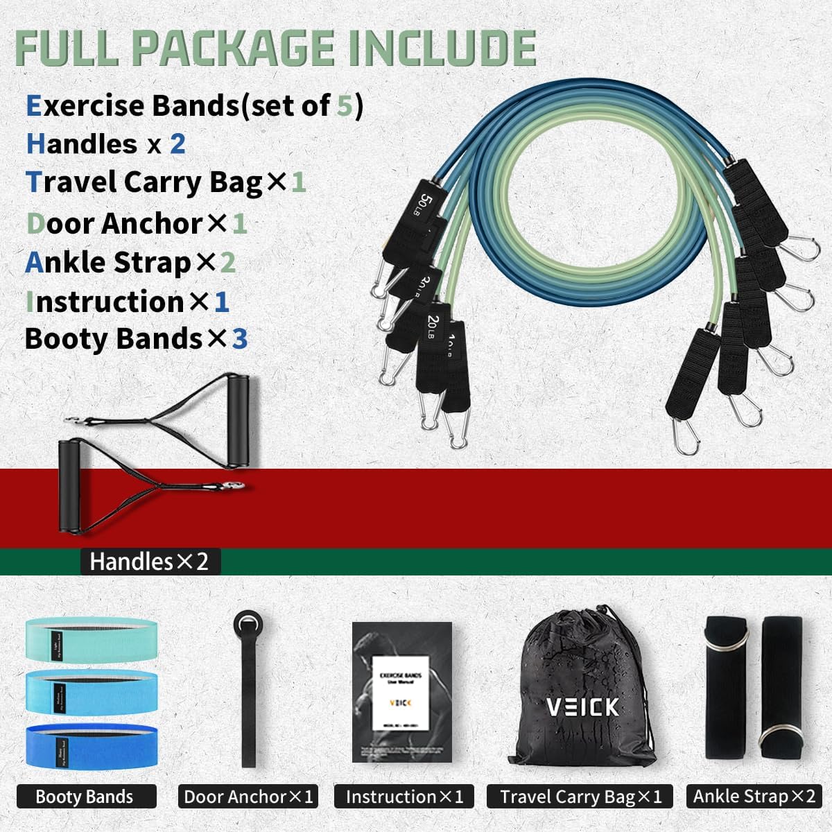 veick resistance bands, exercise bands, workout bands, resistance bands for working out with handles for men and women, exercising bands for fitness weights work out at home blue 10-150lbs + 3 booty bands