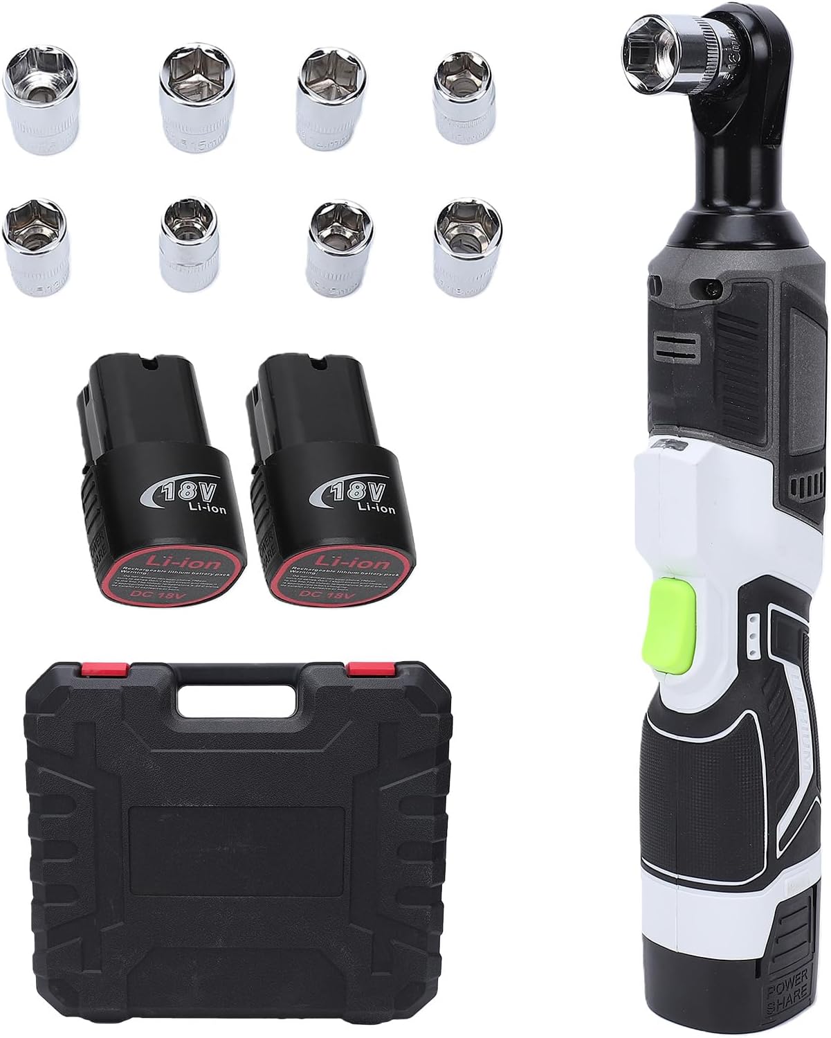 Electric Ratchet Cordless Wrench 64Nm Torque 200RPM Variable Speed Power 3/8 Ratchet Head LED Light 2 Batteries Automotive Construction Home Repair (US Plug Brushed Motor)