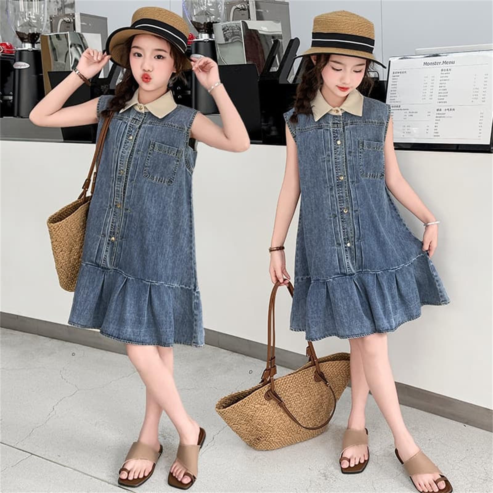 Vestido vaquero para niña, vestido de verano, sin mangas, con volantes, vestido de línea A, vestido para el tiempo libre, vestido de cumpleaños, elegante, suelto para el día a día