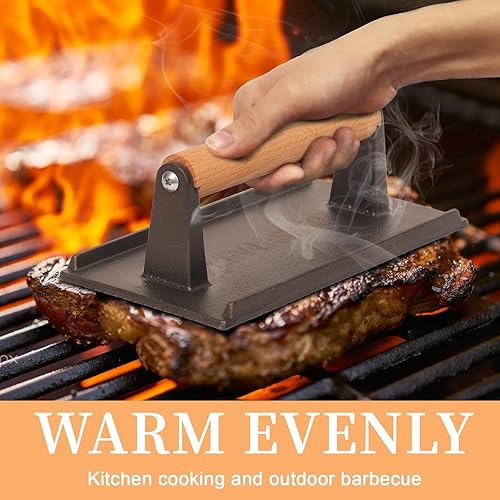 Miniatura 5 de Prensa de parrilla de hierro fundido y plancha para carne y paninis, sándwiches, tocino y verduras, prensa rectangular para hamburguesas con mango