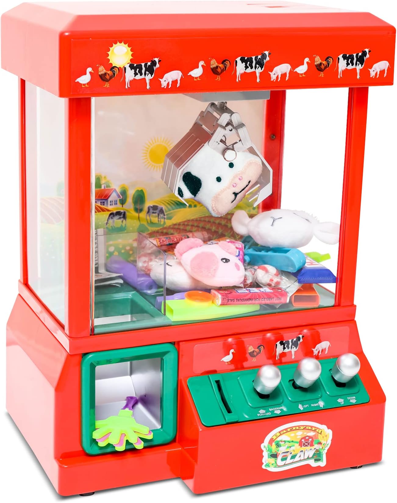 Bundaloo Claw Machine Arcade Game - Electronic Mini Candy and Toy Grabber Dispenser - with Sound & 3 Mini Plush Farm Animals