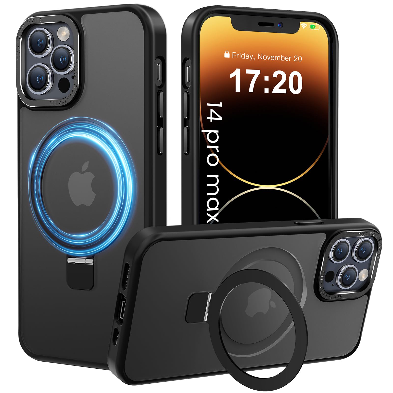 PuyaTeya Compatible with iPhone 14 pro max Case with Magnetic Ring Stand, Military Drop Protection, Anti-Scratch/Anti-Fingerprint Translucent Matte