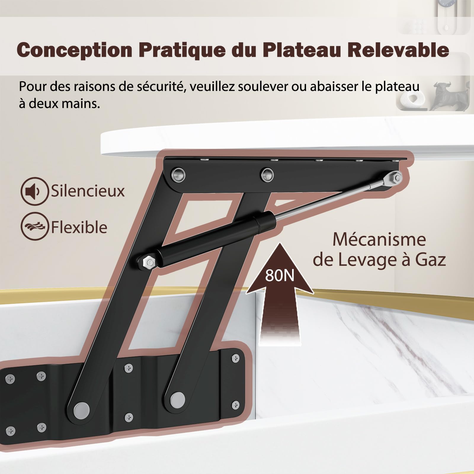 GOPLUS Table Basse Ronde Relevable, Table de Salon Marbre Imité avec Plateau Relevable, Espace Caché, 4 étagères Latérales, Pieds Réglables, 2 Niveaux avec Effet Marbre, pour Maison Bureau, Doré