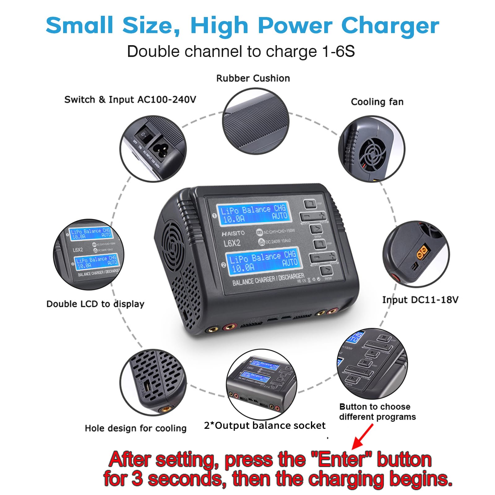 Haisito Lipo Akkus Dual Entlader RC Balancer Ladegerät/Entlader für Lilon LiPo Life LiHV NiCd NiMH PB Smart Batterie Dual-Multi-Ladegerät AC 150W / DC 240W 10A für RC Car Drohne Batterien