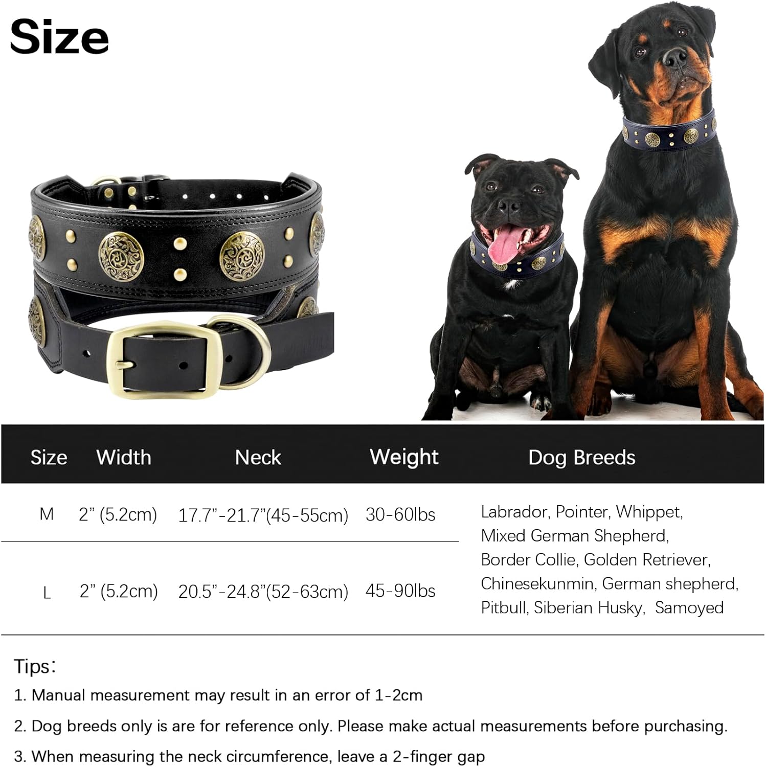 Leather Dog Collar for Medium Dogs, 2" Wide Durable Thick Strong Genuine Leather Spike Dog Collar with Metal Buckle, Padded Collar with Studded Design for Girl Boy Dogs (Black,M)