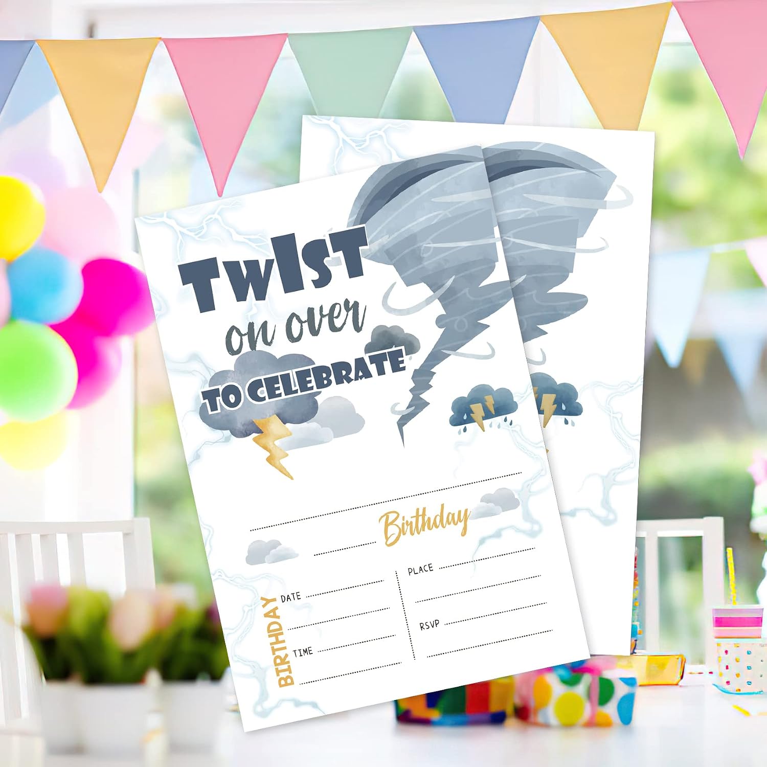 AEHIE 20 Sets Tornado Birthday Party Invitations With Envelopes,Storm Chaser Two-nado Four-nado Double-sided Printed Birthday Party Invitation Invite Cards for Boys Girls,Tornado Party Invites
