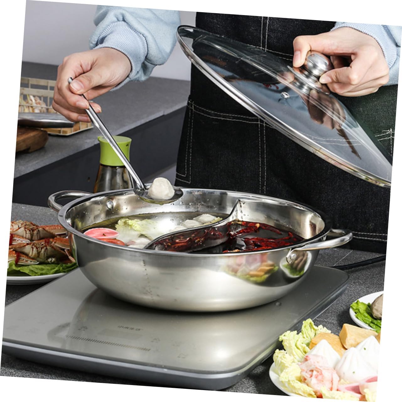 GLEAVI Stainless Steel Divided Hot Pot Cooker with Dual Flavor 2-Section Seafood and Soup Pot for Electric Induction Cooktops and Gas Stoves for Family Gatherings