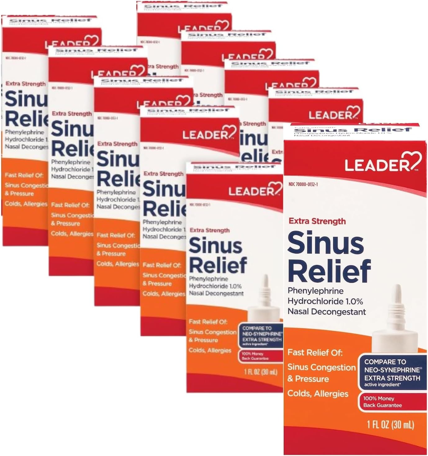 Leader Extra Strength Sinus, Fast Acting, Sinus Decongestant, Nasal Congestion Spray, 30 mL Bottle (Pack of 10)