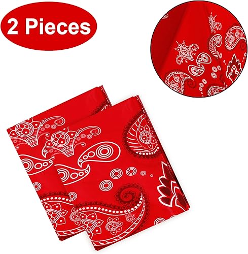 Miniatura 2 de PHOGARY Mantel de fiesta occidental de 2 piezas, bandana desechable con temática de vaquero, mantel de plástico con estampado de cachemira roja,