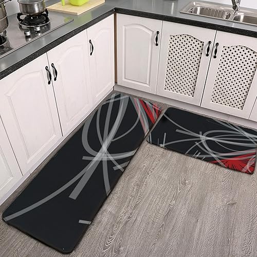 Miniatura 11 de Juego de 2 alfombras y tapetes de cocina, macetas rojas y blancas, antideslizantes, acolchados, lavables, 2 tapetes cómodos para cocina, lavandería