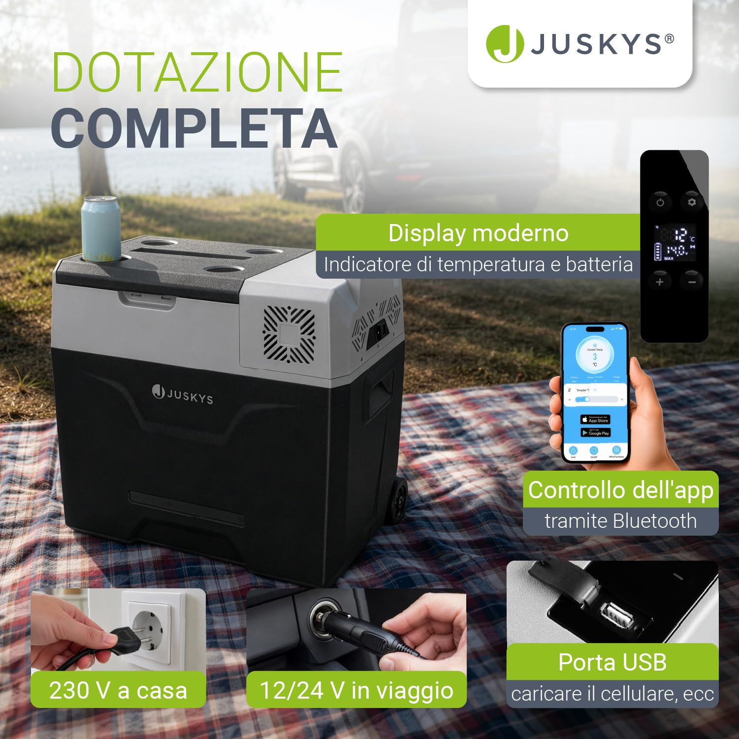 Juskys Frigo compressore Yukon 12/24/230V – Portatile caldo freddo per auto, camper, camion, campeggio – Mini refrigeratore elettrico - grigio