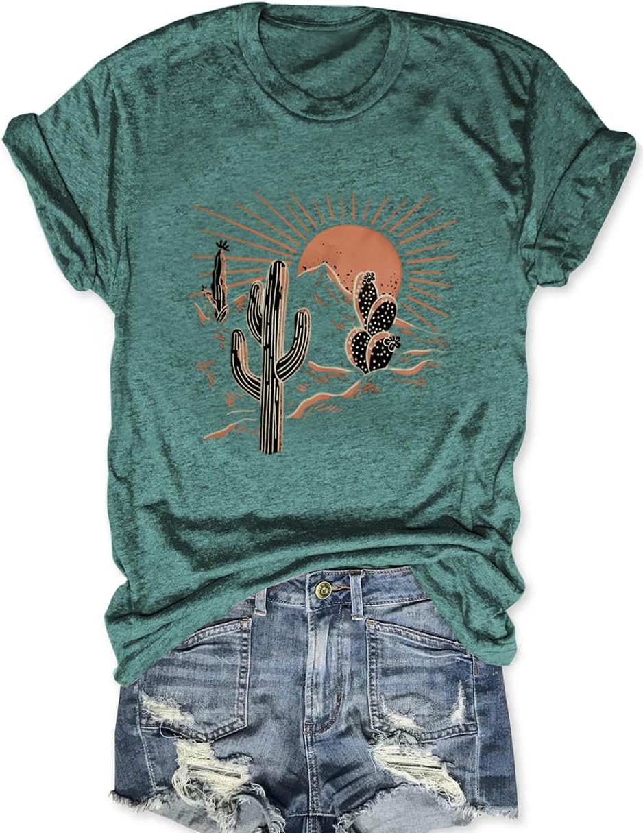 Women Adventure Shirts Western Retro Sunrise Desert T Shirt Funny Summer Climbing Short Sleeve Tee Tops