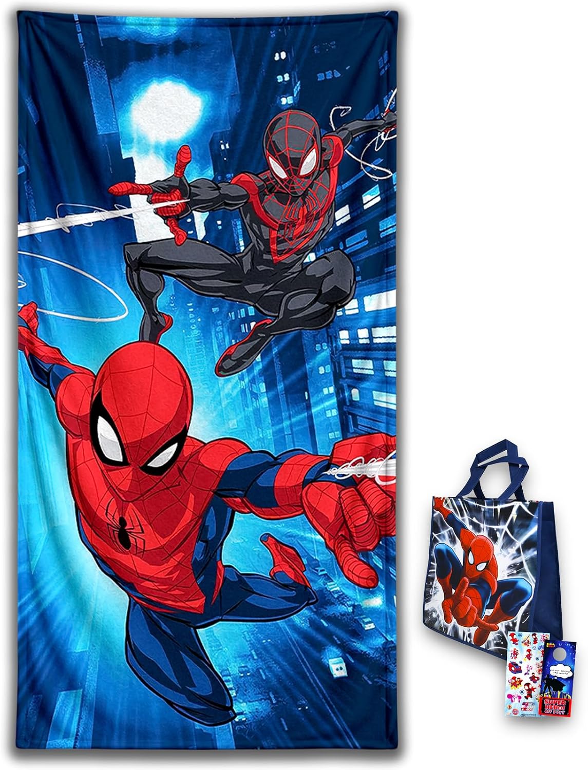 Marvel Spiderman Towel Set for Kids - Bundle with 27x54 Spiderman Microfiber Towel, Tote Bag, Stickers and More (Spiderman Pool and Bathroom Set)
