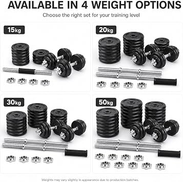 Adjustable Cast Iron Dumbbell & Barbell Weight Set with Spinlock Bars and Plates for Home Gym Strength Training, 15kg 20kg 30kg & 50kg Weights for Fitness, Muscle Building and Workouts