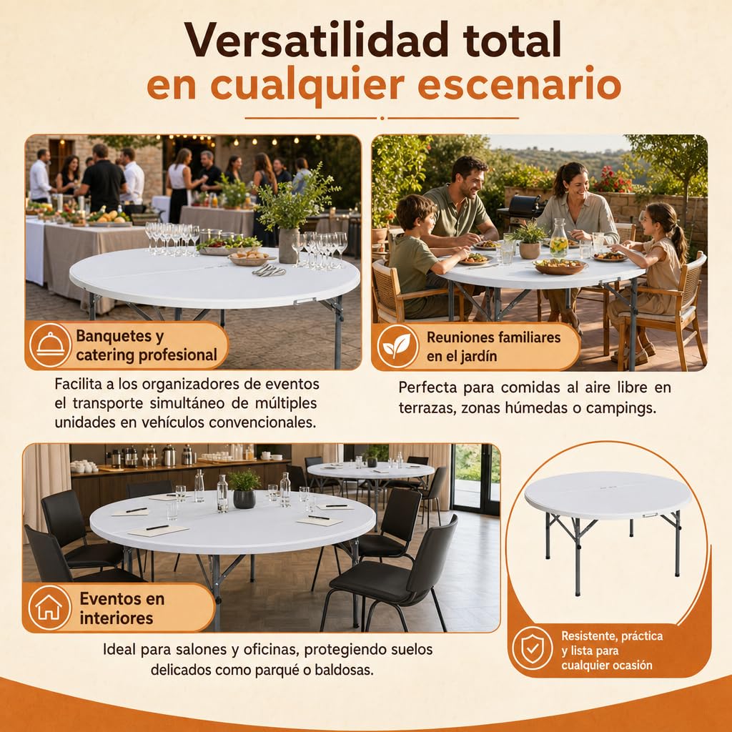 Mesa Redonda Plegable portátil para Eventos, reuniones Familiares y Catering en Interiores o Exteriores.