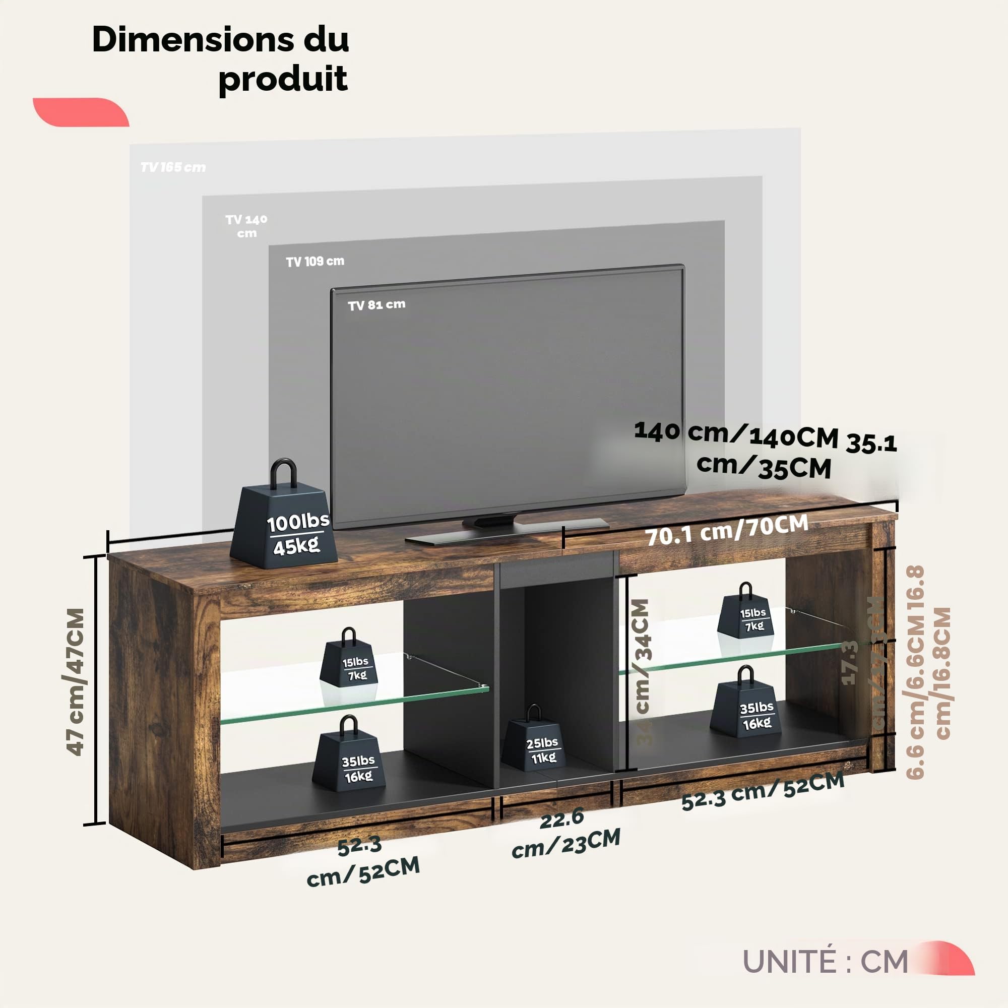 Bestier Meuble TV 140 cm Meuble TV Moderne avec Étagère en Verre Éclairage LED RVB pour Téléviseurs 65" Unité de Divertissement TV avec Lumières d'Ambiance pour Salon Chambre