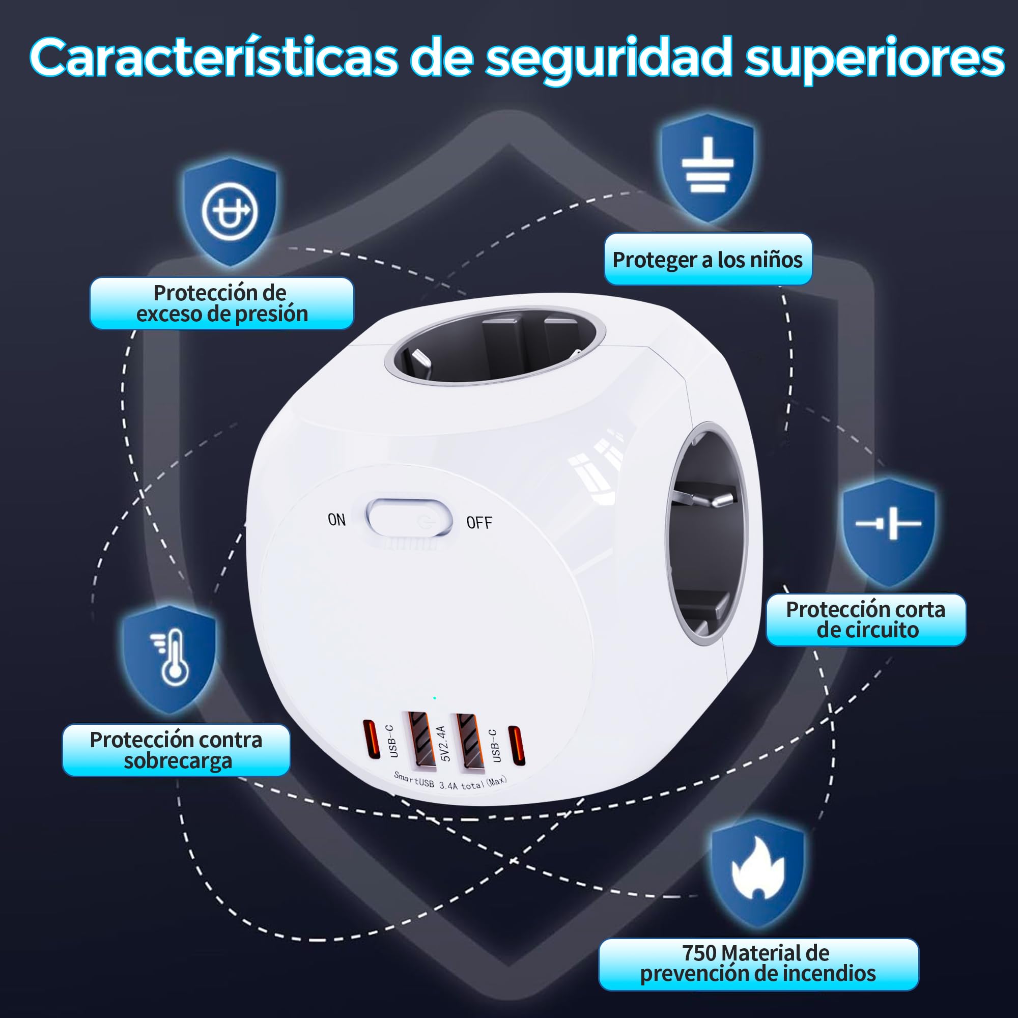 8-w-1 gniazdo gniazda, gniazdo wielu gniazd z USB, 4 gniazdka złodziejowe, 4 gniazda, 2 USB A, 2 USB C, 4000 W gniazdo zasilające do biura, kuchni i pokoju szarego