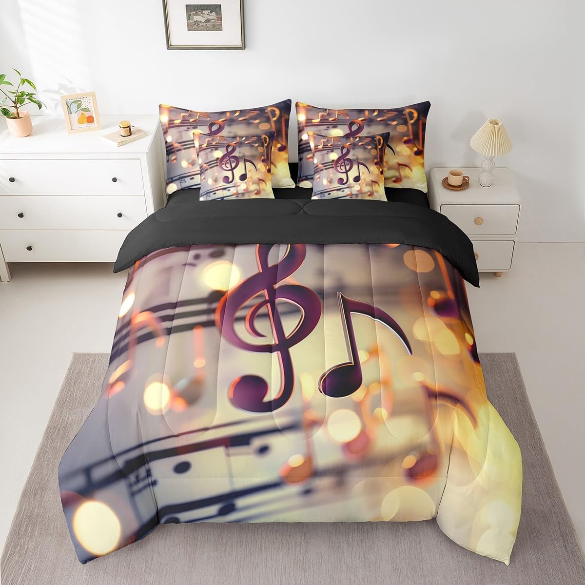Erosebridal Music Note Full Comforter Set with Sheets 7 Piece,Music Theme Bed in A Bag for Kids Adults Musical Notes Bedding Set Reversible Retro Hip Hop Hippie Style Bed Set