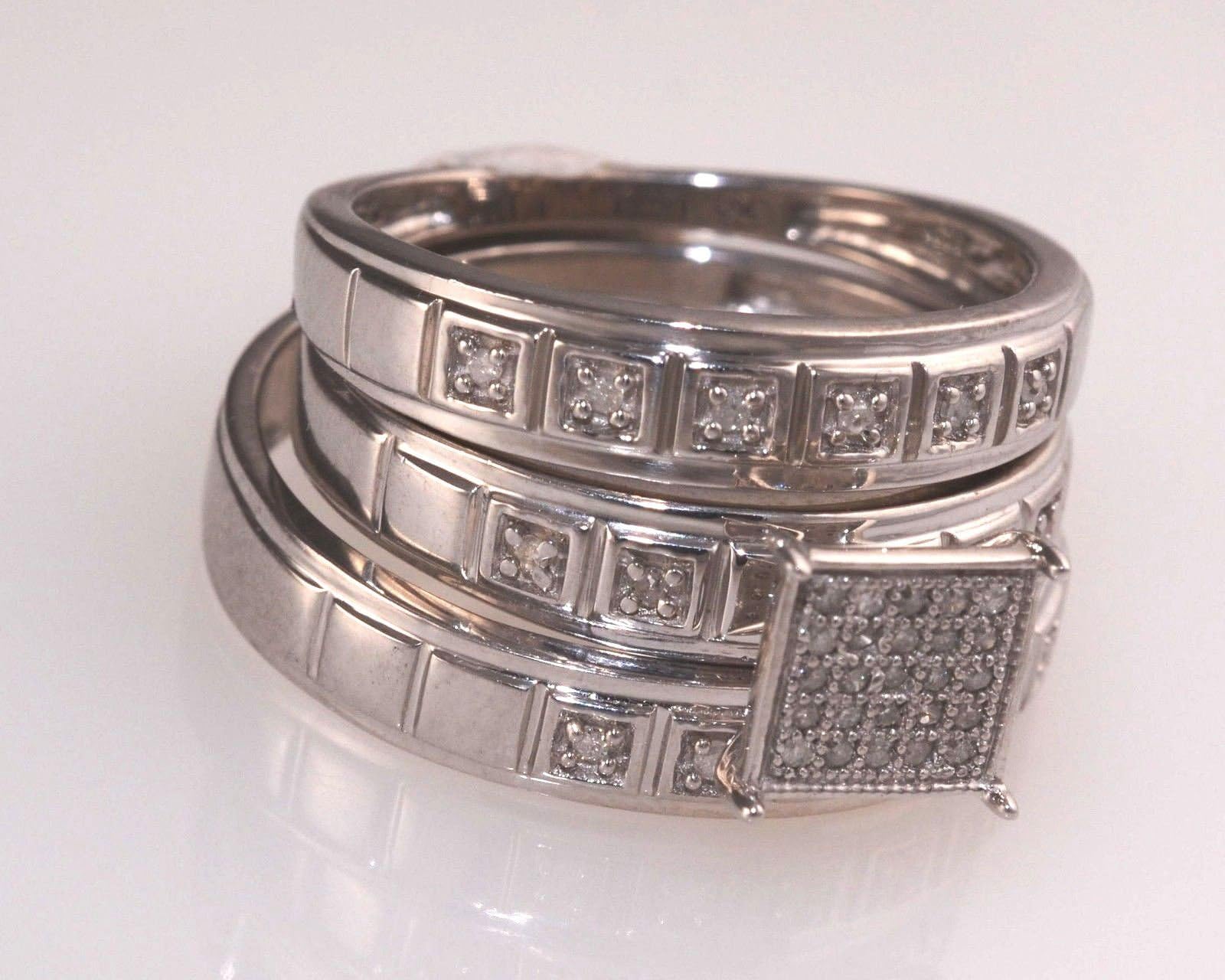 Men and Ladies Diamond and Silver Bridal Rings Engagment Ring and Wedding Band Set