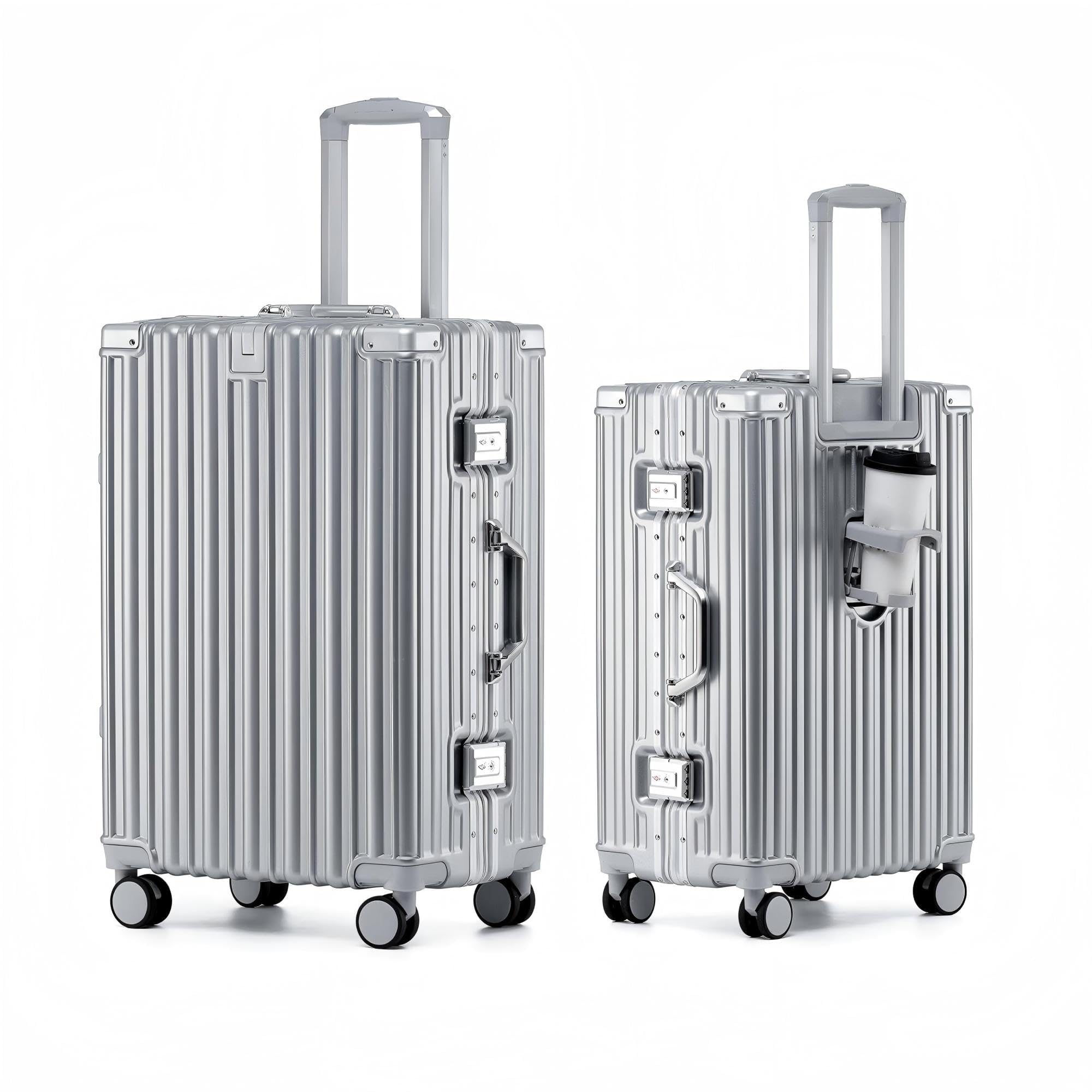 Aoliwei Valigetta S da 55 cm - Valigia con telaio in alluminio in policarbonato 100%, circa 40L - Valigia da viaggio premium con portabicchieri e lucchetto TSA - Silenzioso trolley a 4 ruote, argento