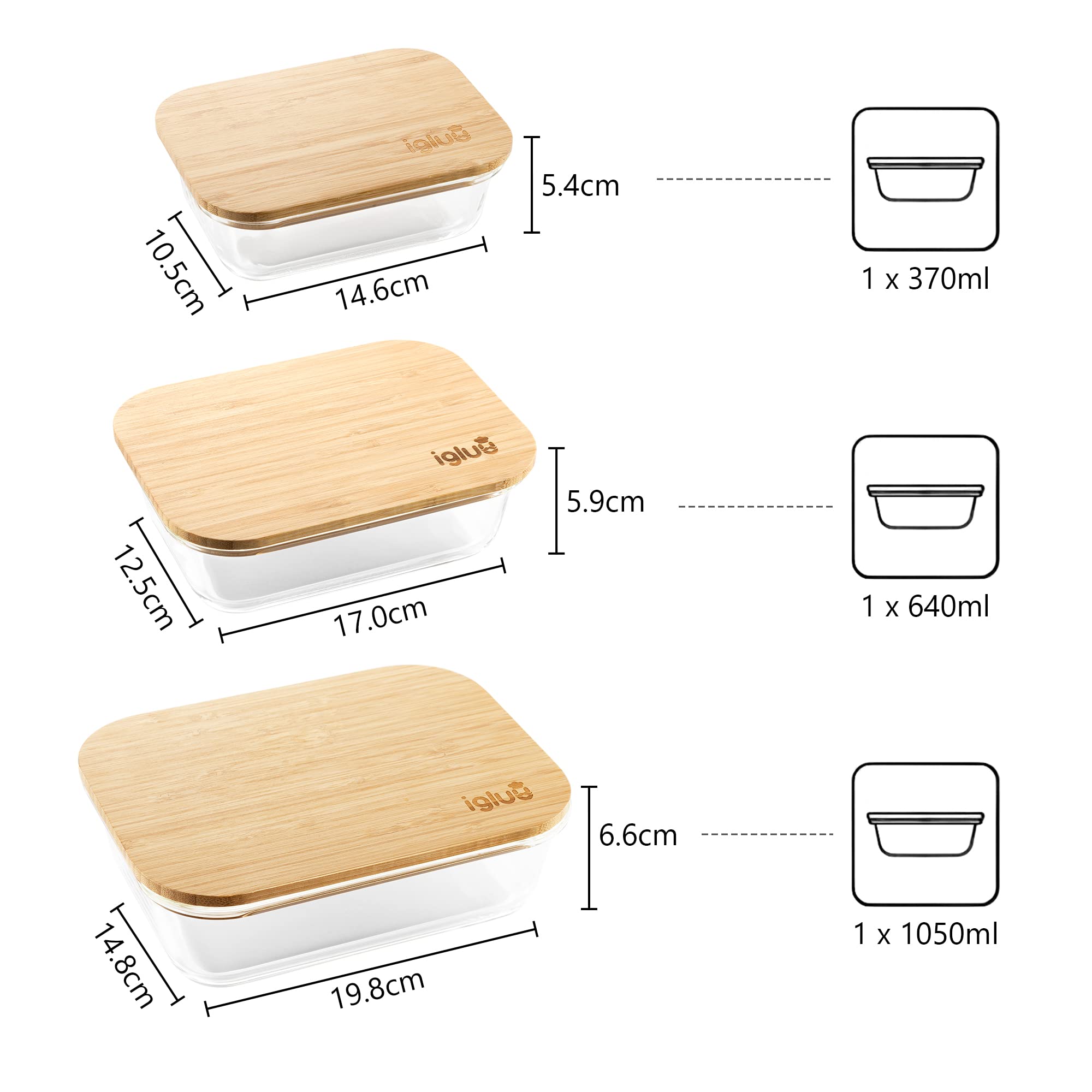 Igluu Meal Prep Contenitori Vetro per Alimenti (Set da 3) Coperchi in Bambù | Senza BPA – Adatti a Forno, Friggitrice ad Aria, Microonde, Freezer e Lavastoviglie – 370/640/1050ml – Borosilicato
