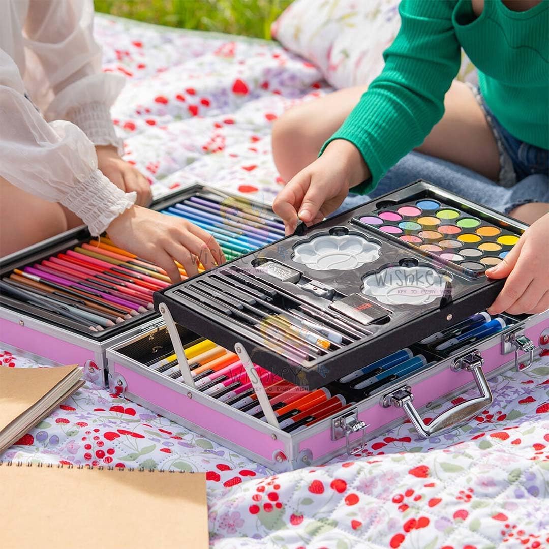 Corslet 145-Piece Art Set for Kids with Unicorn Storage Case | Drawing & Painting Kit with Oil Pastels, Watercolors, Sketch Pens, Color Pencils | Art & Craft Supplies for Girls & Boys (Pink)