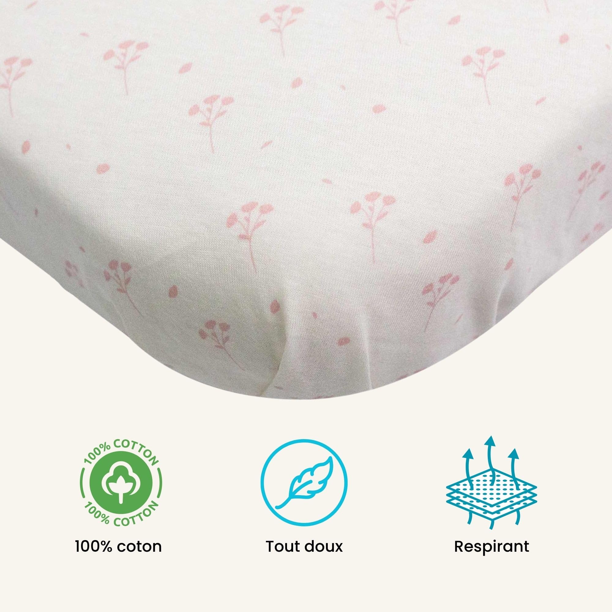 Lot De 2 Draps Housses Pour Berceau Cododo - 100% Coton OEKO-TEX, Bord élastiqué, Motif Fleurs Roses - 50x83 Cm