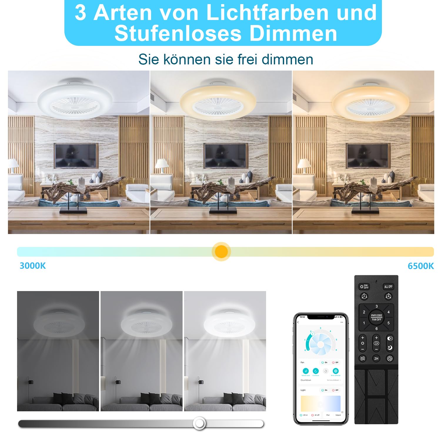 Sonnewelt Ventilatore da soffitto con illuminazione e app, illuminazione della ventola da 80 W, dimmerabile e variabile, versatilità regolazione dell'ora per soggiorno, camera da letto [classe