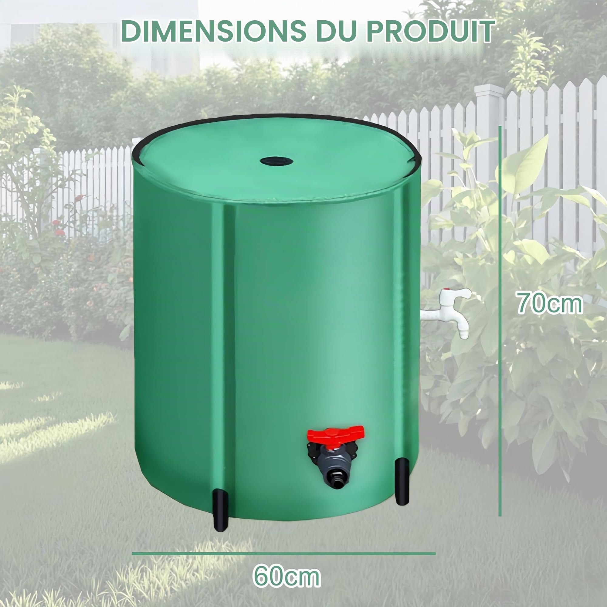 Seau à Pluie, 200L Récupérateur D'eau de Pluie Pliable Réservoir Eau Portable avec Couvercle Sortie D'eau Filtre à Mailles et 2 Robinets Reservoir Eau Vert pour Jardin avec Protection Anti-Débordement